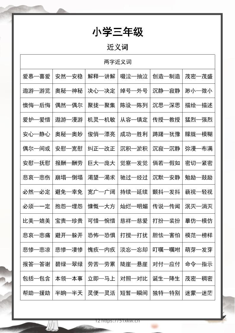 三上语文近义词和反义词汇总-我要学科网