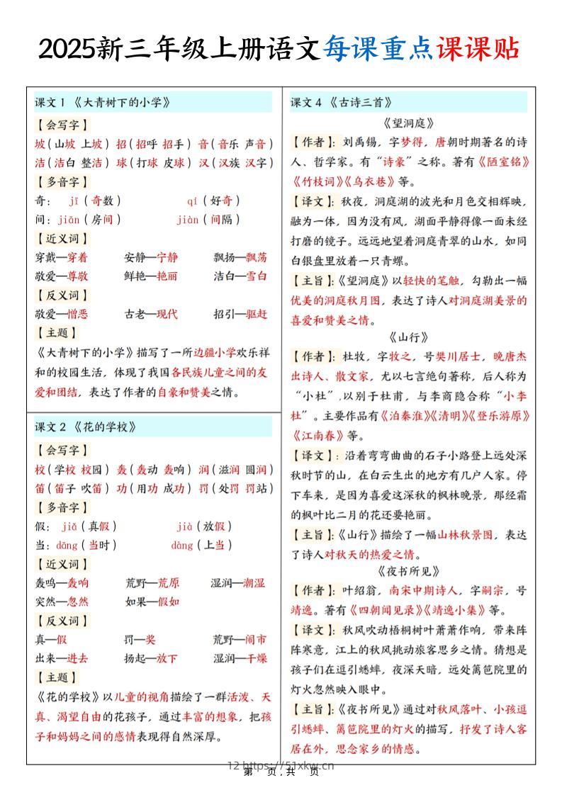 2025新三上语文每课重点课课贴（7页）-我要学科网
