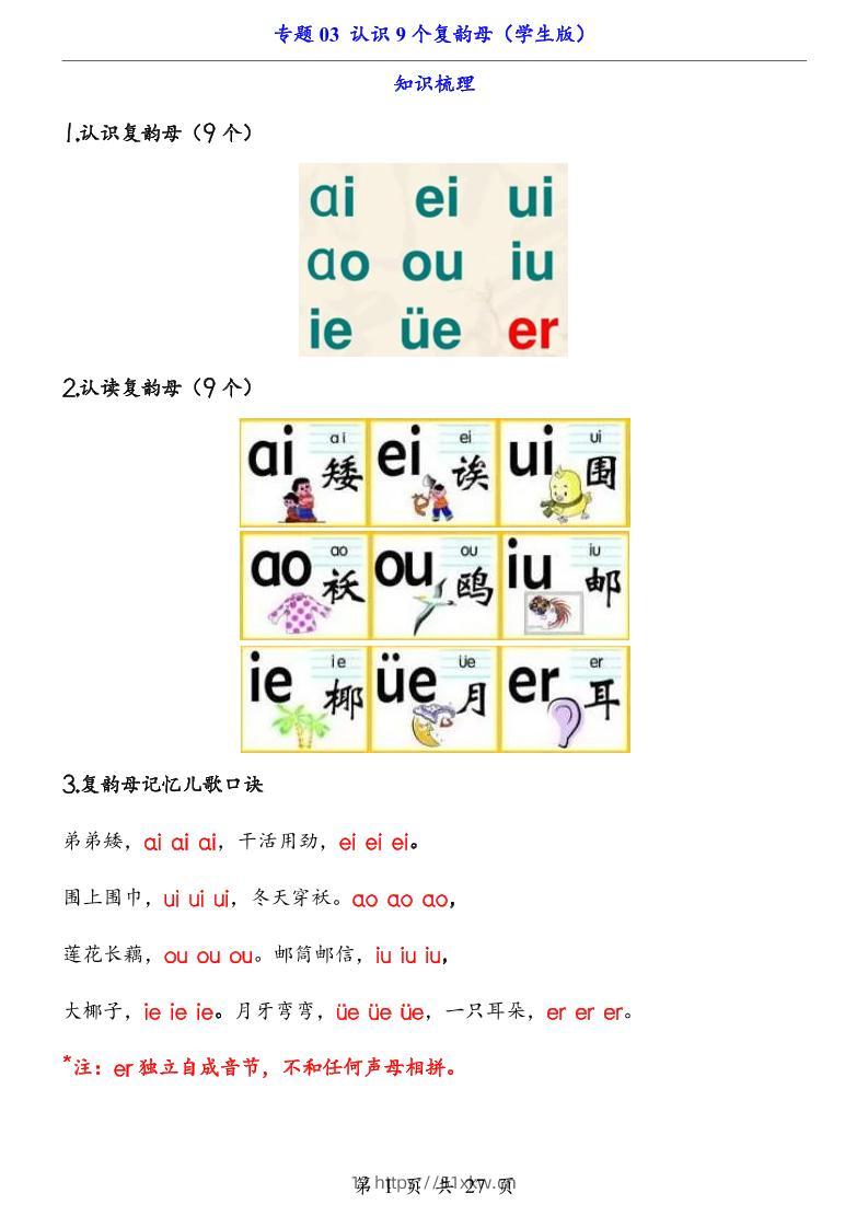 一上语文-专题03认识9个复韵母（知识+训练）-我要学科网