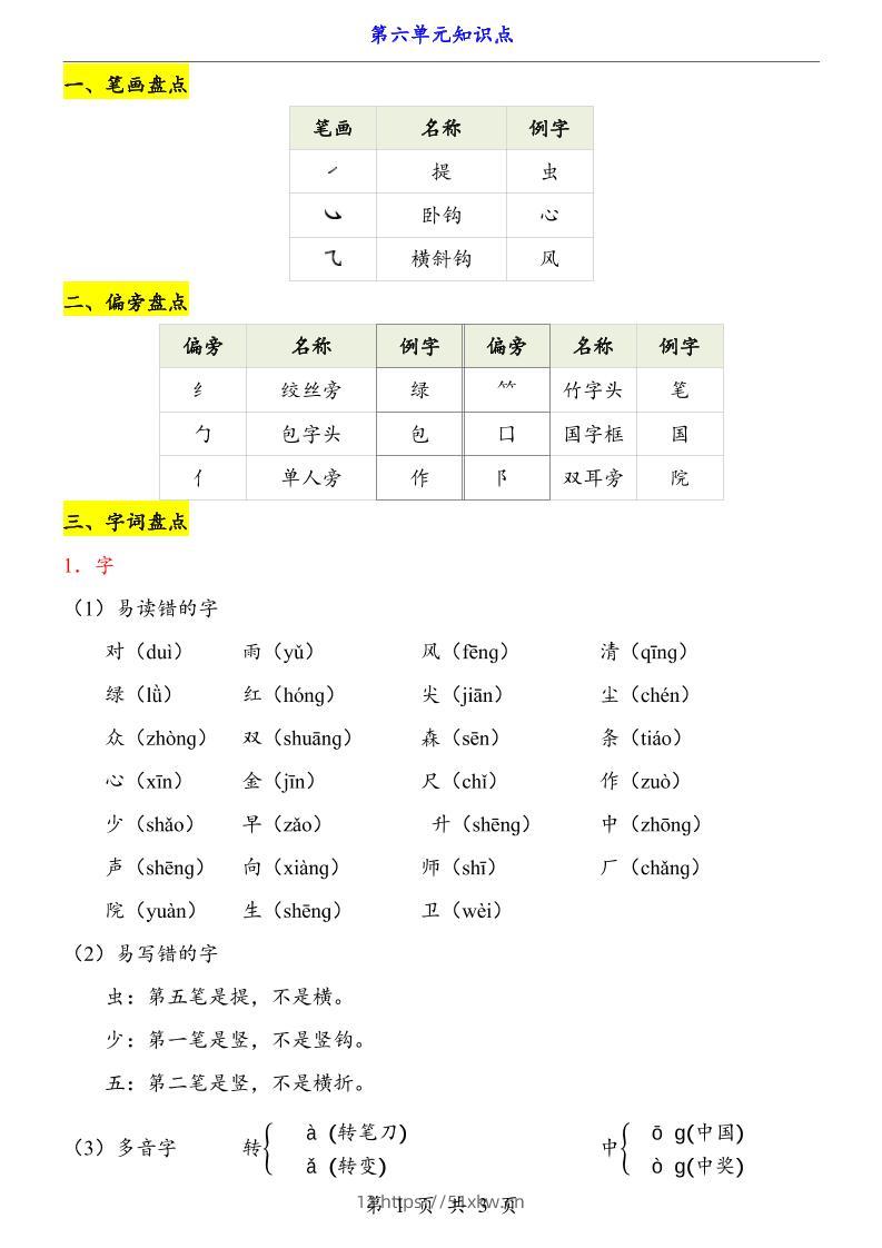 第6单元（知识点）一上语文-我要学科网